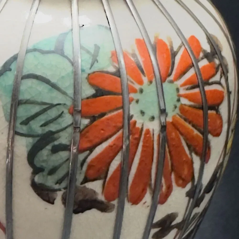Japanese Meiji period Awaji Vase w/silver basket weave overlay pottery floral de